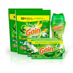 Gain Laundry Bundle: Gain Flings Laundry Detergent Pacs (2x31ct) Gain Dryer Sheets (2x34ct) Gain Fireworks Laundry Scent Booster Beads (12.2 oz)