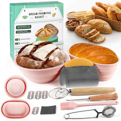 Silicone Banneton Bread Proofing Basket 10 Inch Oval & 9 Inch Round Sourdough Bread Baking BasketPink Sourdough Kit with Flour Sifter Bread Lame Danish WhishSilicone BrushMetal Bowl Scraper