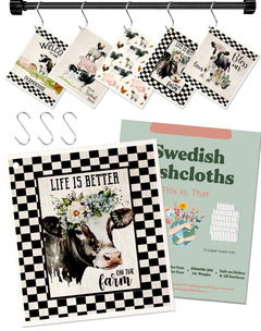 Miss Adola Swedish Dishcloths for Kitchen - Reusable 5 Pack Swedish Dish Cloths with Hook Swedish Towels Washing Dishes Fast Drying Cute Fun Washable Swedish Cleaning Sponge Cloths Black White Farm