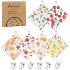 6 Pack Swedish Dishcloths for Kitchen Reusable Paper Towels Swedish Dish Towels with Clips Absorbent Dish Cloth No Odor for Cleaning Home Kitchen（Fruit Patterns）