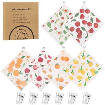 6 Pack Swedish Dishcloths for Kitchen Reusable Paper Towels Swedish Dish Towels with Clips Absorbent Dish Cloth No Odor for Cleaning Home Kitchen（Fruit Patterns）