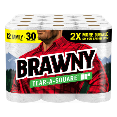 Brawny Tear-A-Square Paper Towels 12 Family Rolls = 30 Regular Rolls 2X More Durable* 3 Sheet Sizes Strong and absorbent extra-large roll