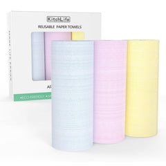 KitchLife Reusable Paper Towels 3 Rolls - Washable and Recycled Kitchen Paper Rolls Sustainable Tricolor-3